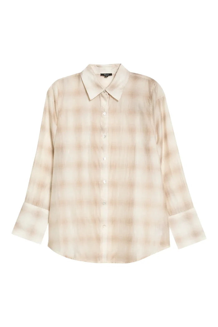 A long-sleeve button-up shirt in a soft beige and cream plaid pattern, displayed against a solid white background.