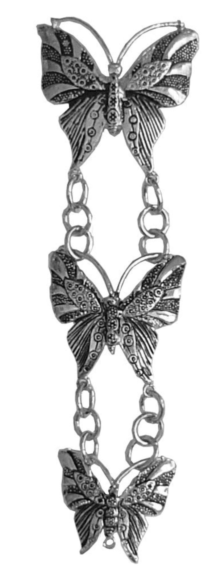 Silver butterfly ponytail holder with linked chain pendants, front view