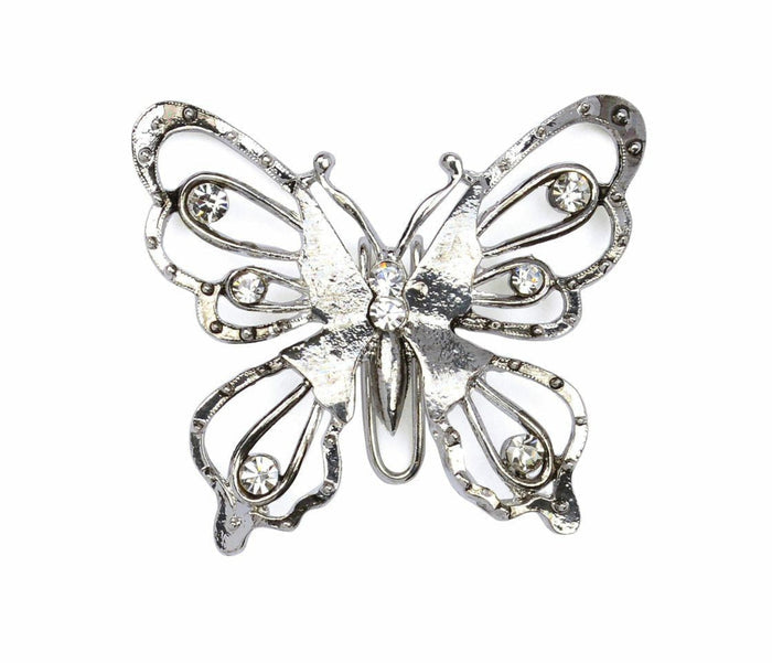 Silver butterfly ponytail hair hook with rhinestones, front view