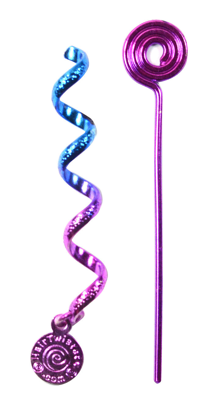 Purple Rainbow Mini Hair Twister – 2-inch Spiral Wrap for Short Hair with hair pin, angled product view.
