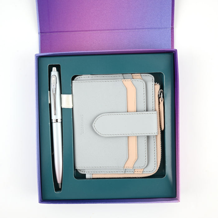 Sheaffer 9376 Gift Set - Expressions 100 Blue & Pink Pearlised Gradient Ball Pen with Leather Wallet 1