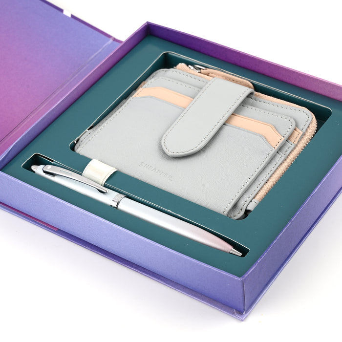 Sheaffer 9376 Gift Set - Expressions 100 Blue & Pink Pearlised Gradient Ball Pen with Leather Wallet 2
