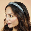 Silk Satin Puff Hair Band with Rhinestones - Grey