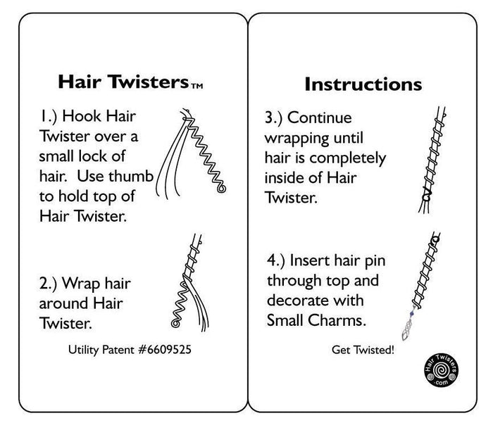 Instruction graphic showing how to use Silver 4-Inch Spiral Hair Twister with Charm step by step