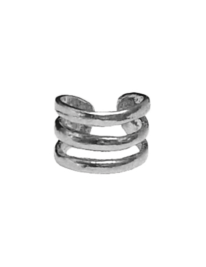 Silver triple-band ear cuff, non-piercing wrap style, front view