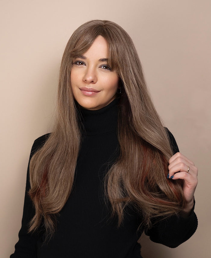 vegan fiber wig - 24" ash with red highlights and fringe.