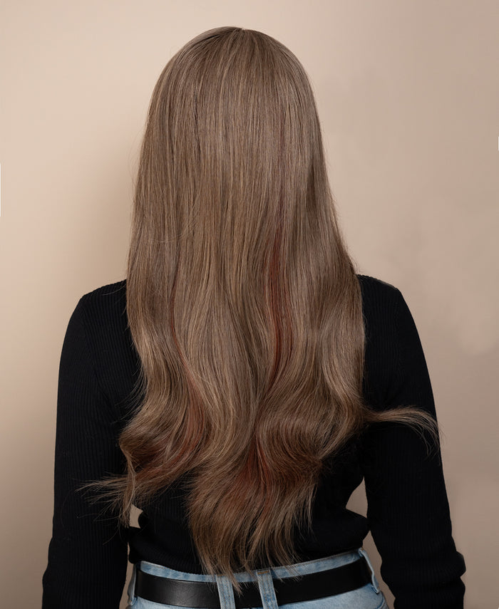 vegan fiber wig - 24" ash with red highlights and fringe.