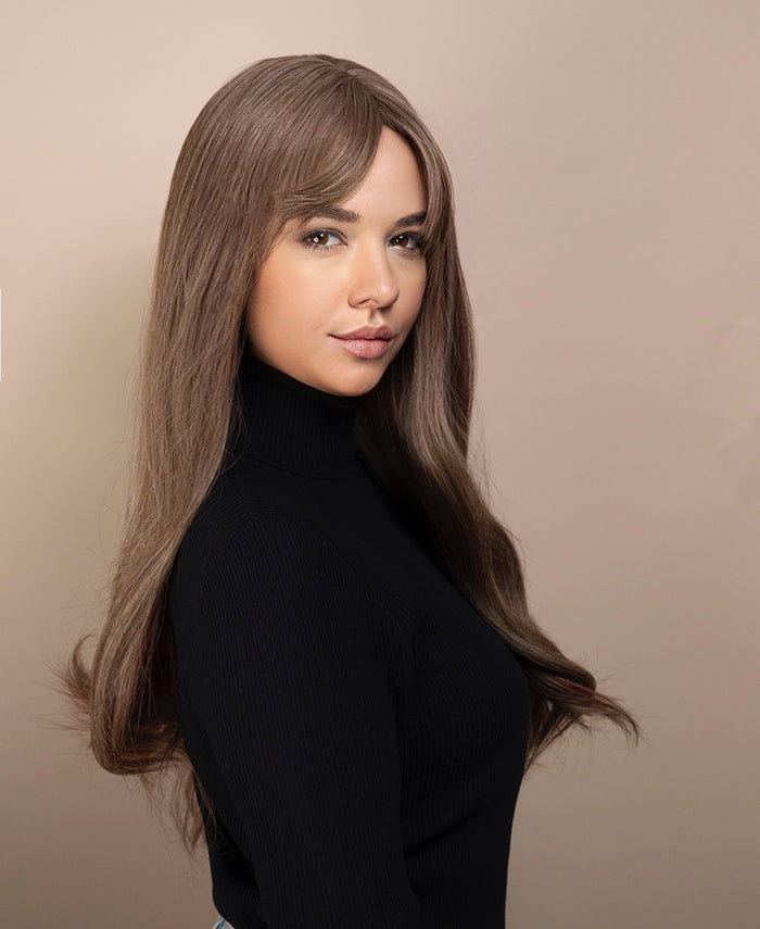 vegan fiber wig - 24" ash with red highlights and fringe.
